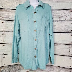 BKE Boyfriend Button Front Corded Shacket Top Aqua Blue Ribbed Small Oversized